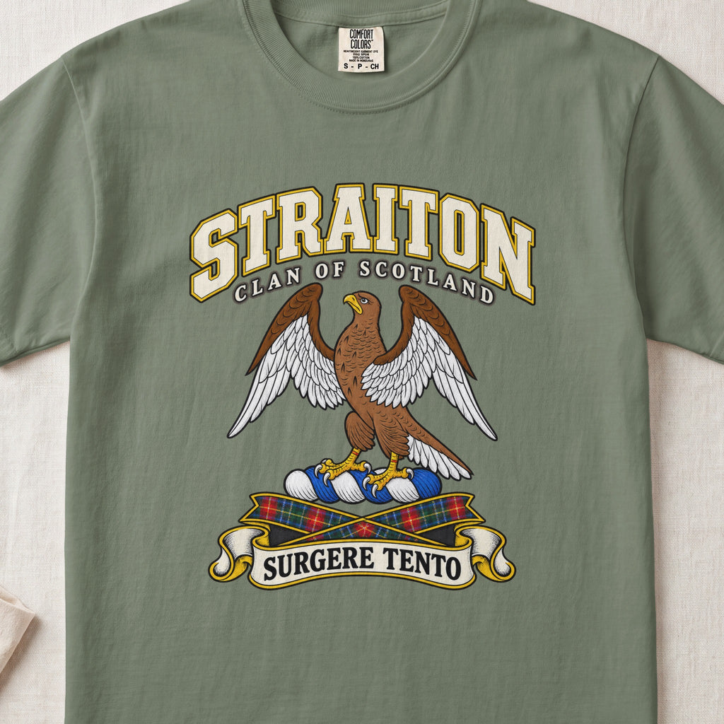 Straiton Scottish clan T-shirt in Moss, front view with a brown eagle with spread wings and motto banner.