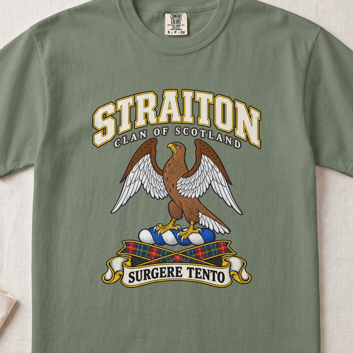 Straiton Scottish clan T-shirt in Moss, front view with a brown eagle with spread wings and motto banner.