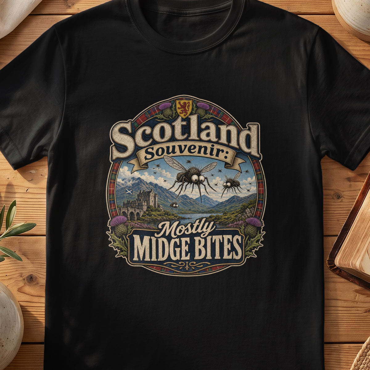 Black Gildan 64000 unisex T-shirt flatlay with Mostly Midge Bites Scottish graphic design