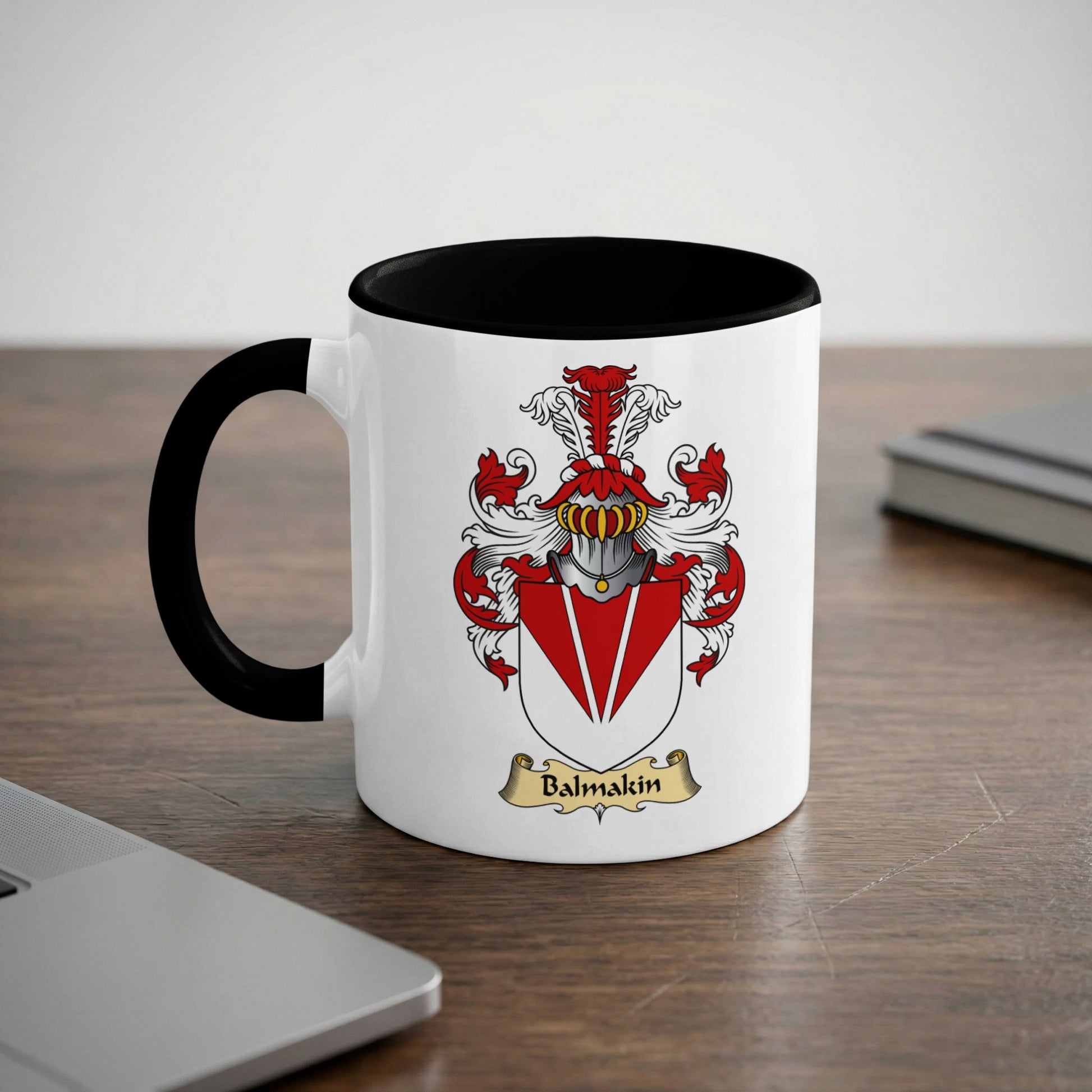 White mug with black rim featuring Balmkin coat of arms and text.