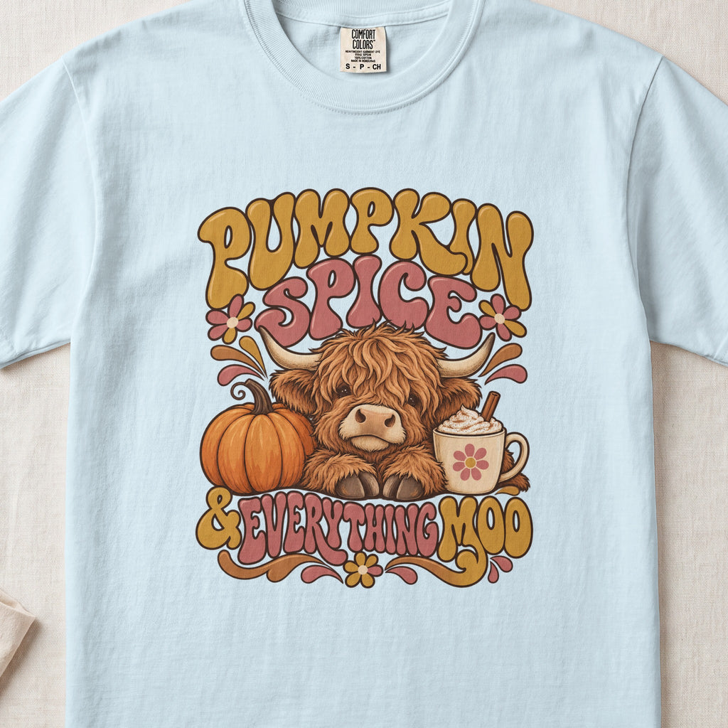 Pumpkin Spice & Everything Moo Highland cow design on a Chambray Comfort Colors 1717 T-shirt, flat lay