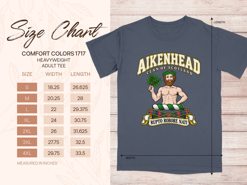 Comfort Colors 1717 size chart for the Aikenhead Scottish clan T-shirt, adult sizes S–4XL.