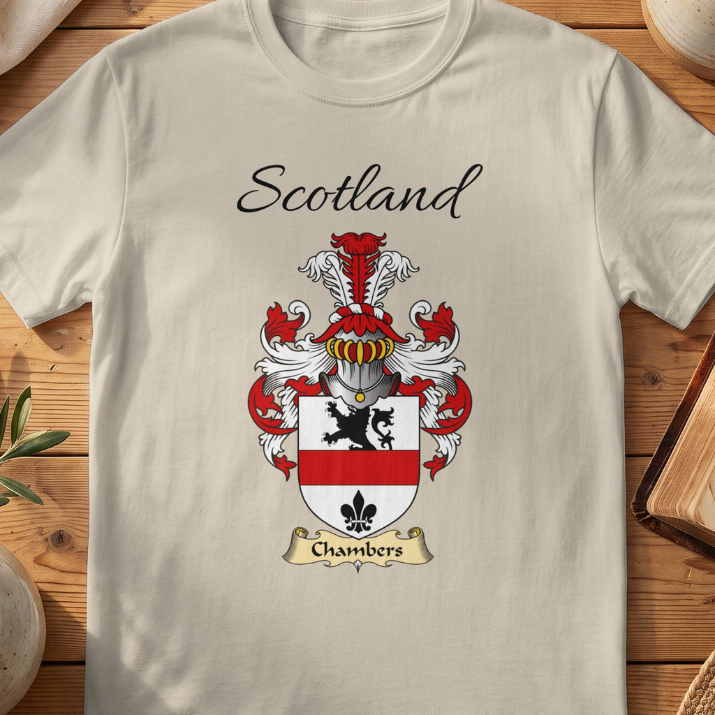 Sand Chambers Scottish family shield T-shirt featuring a red band between a black lion and fleur-de-lis