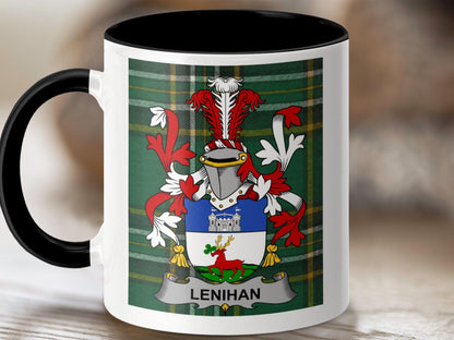 Custom Lenihan Family Crest Mug, Personalized Scottish Clan Coffee Cup, Tartan Plaid Ceramic Mug for Heritage Gifts