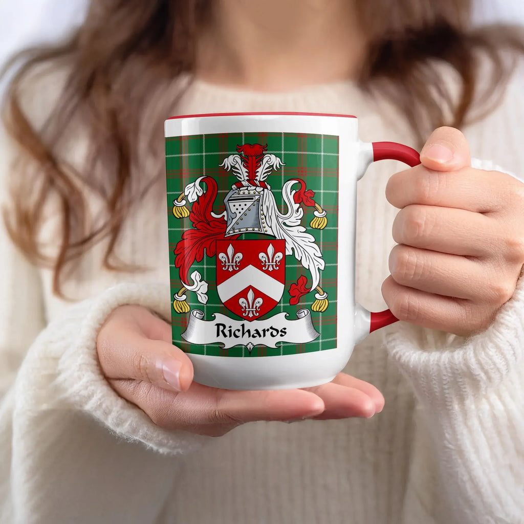 Richards Welsh family name mug with red accent and coat of arms on green tartan background
