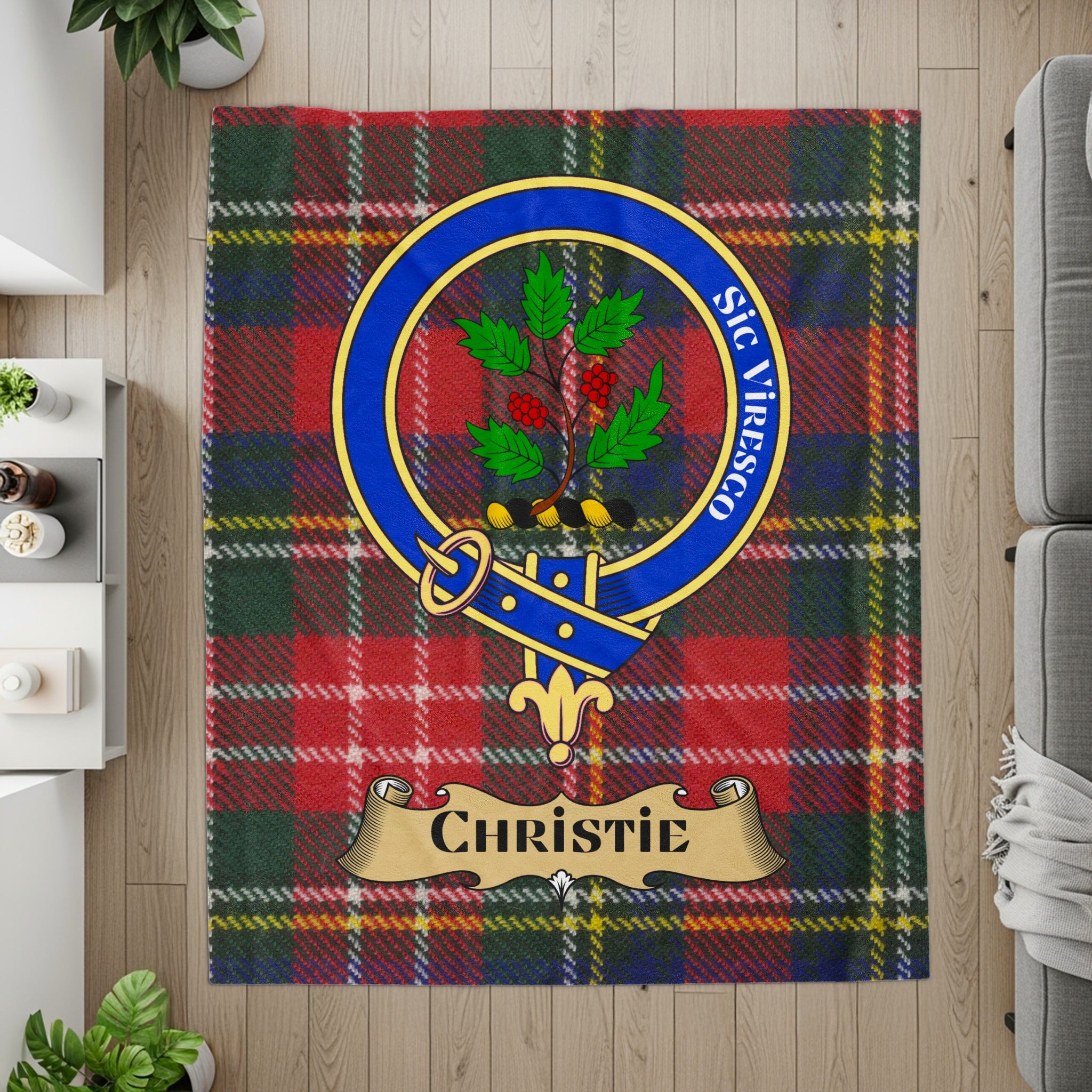 Christie crest and tartan printed throw blanket — flat lay detail