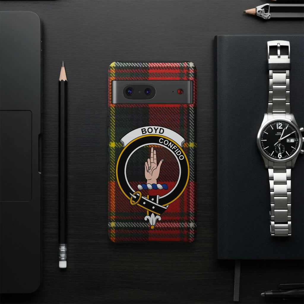 Boyd Confido tartan phone case flat lay — full red and green clan crest print visible