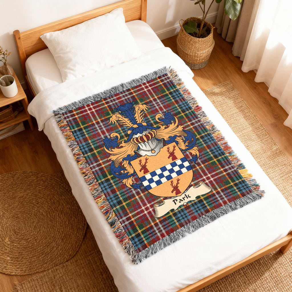 Park Caledonia tartan heritage woven throw blanket with family shield