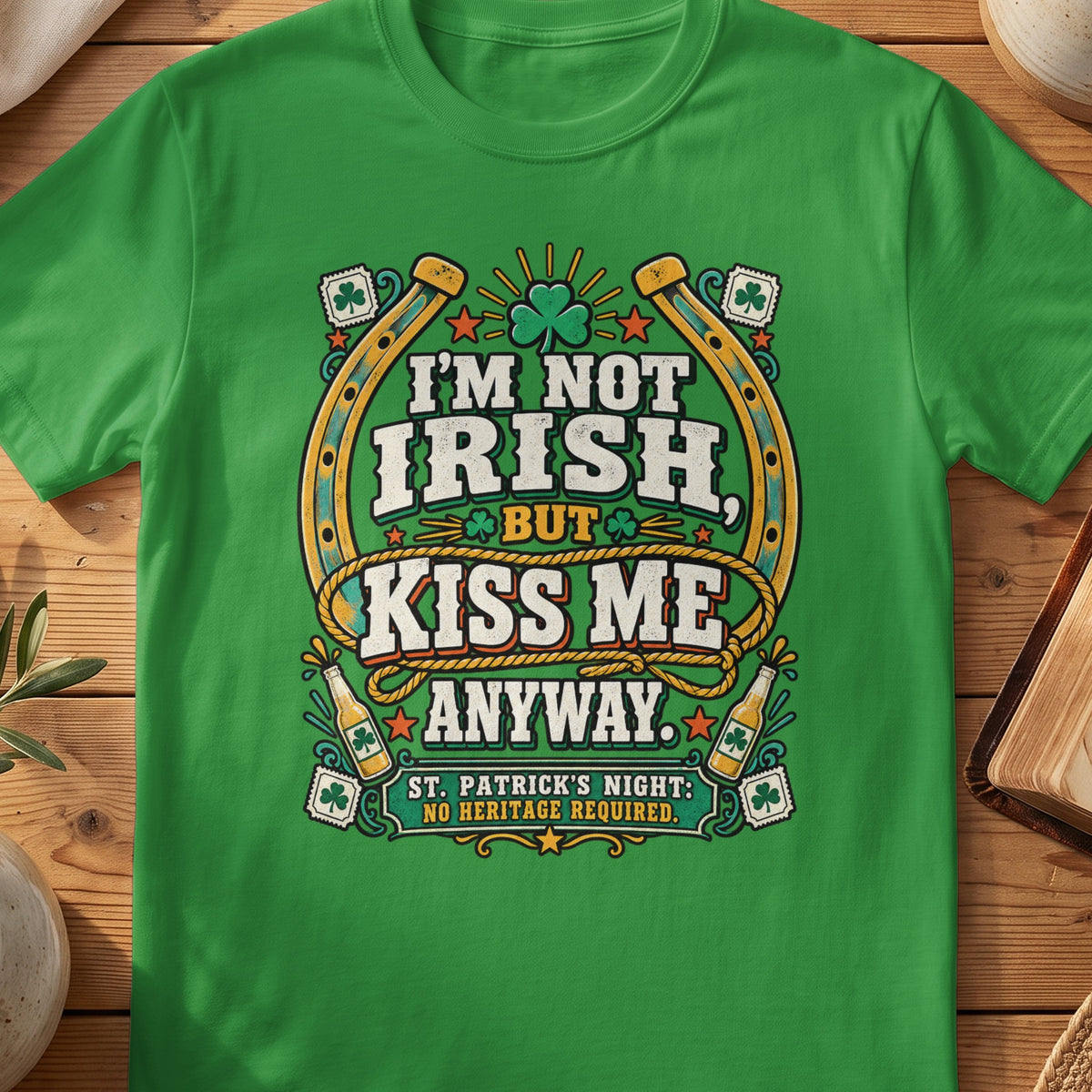Green funny St Patrick's Day T-shirt with “I'm Not Irish, Kiss Me Anyway” graphic.