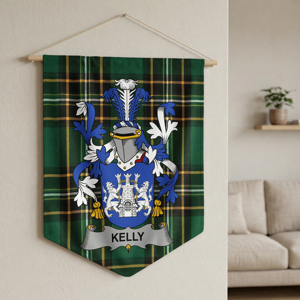 Kelly family crest banner on a green tartan background.