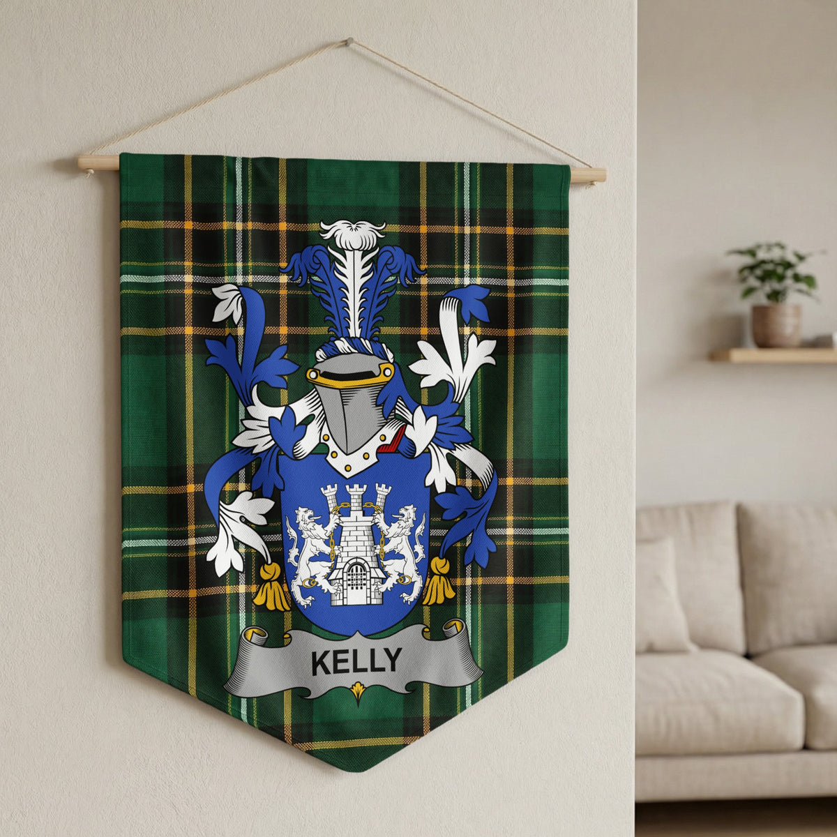 Kelly family crest banner on a green tartan background.