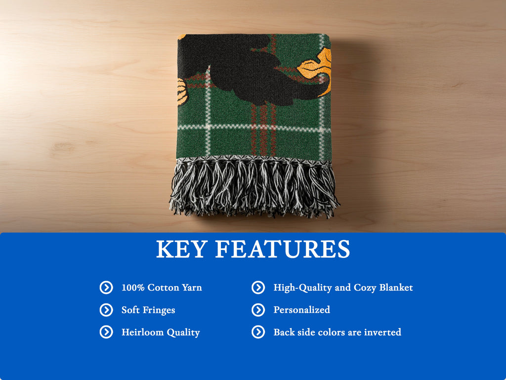 Green plaid blanket with black and yellow motif, featuring fringed edges and key features.