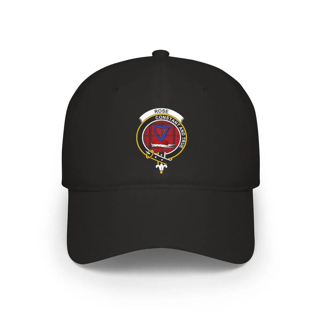 Clan Rose crest tartan cap in black — low-profile cotton Scottish clan hat