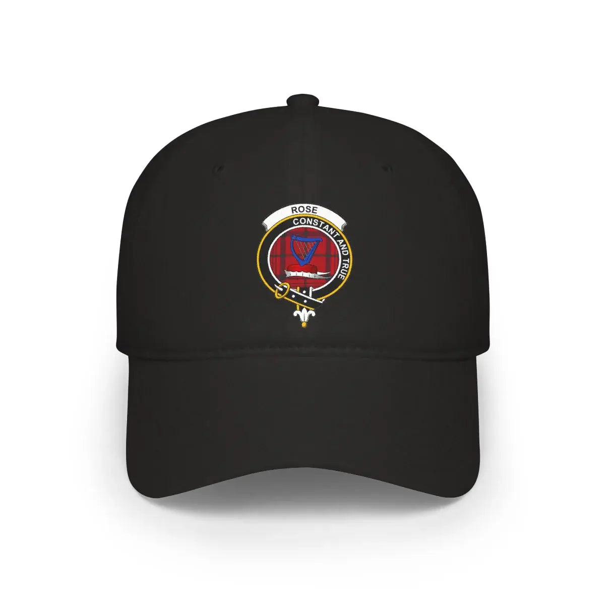 Clan Rose crest tartan cap in black — low-profile cotton Scottish clan hat