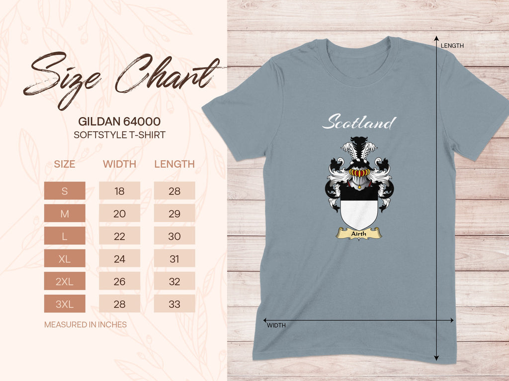 Gildan 64000 size chart for Airth Scottish family shield T-shirt