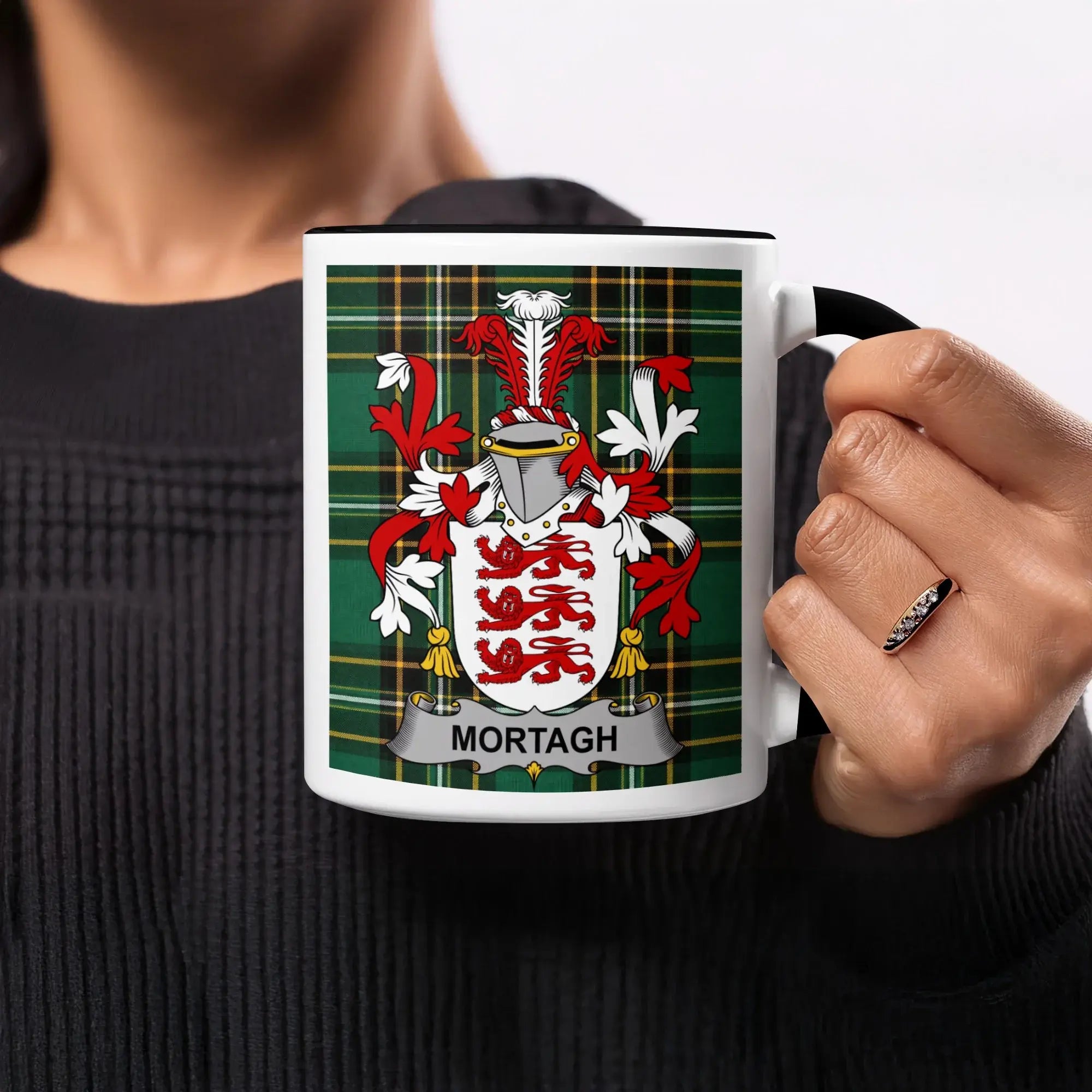 Mortagh Irish heritage mug with black handle and interior
