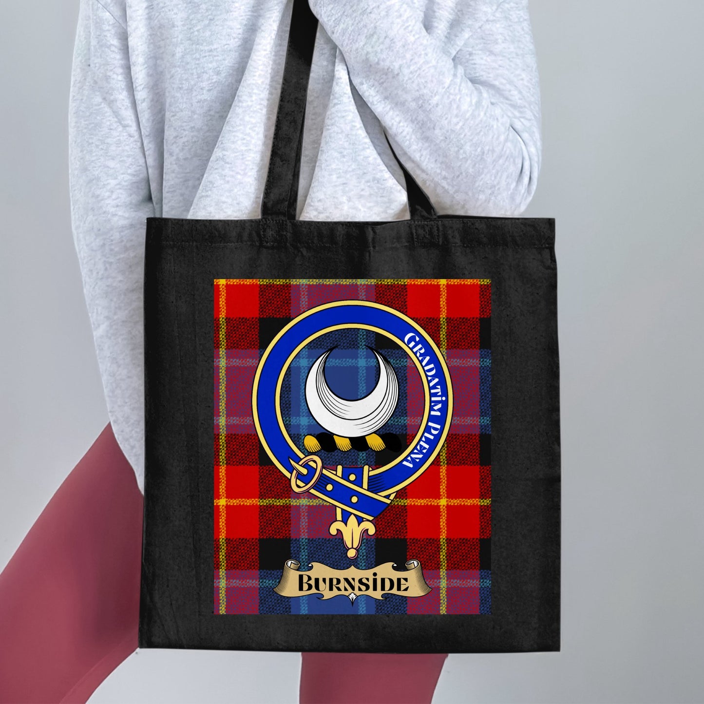 Burnside Clan Emblem on Scottish Tartan Tote Bag - Living Stone Gifts