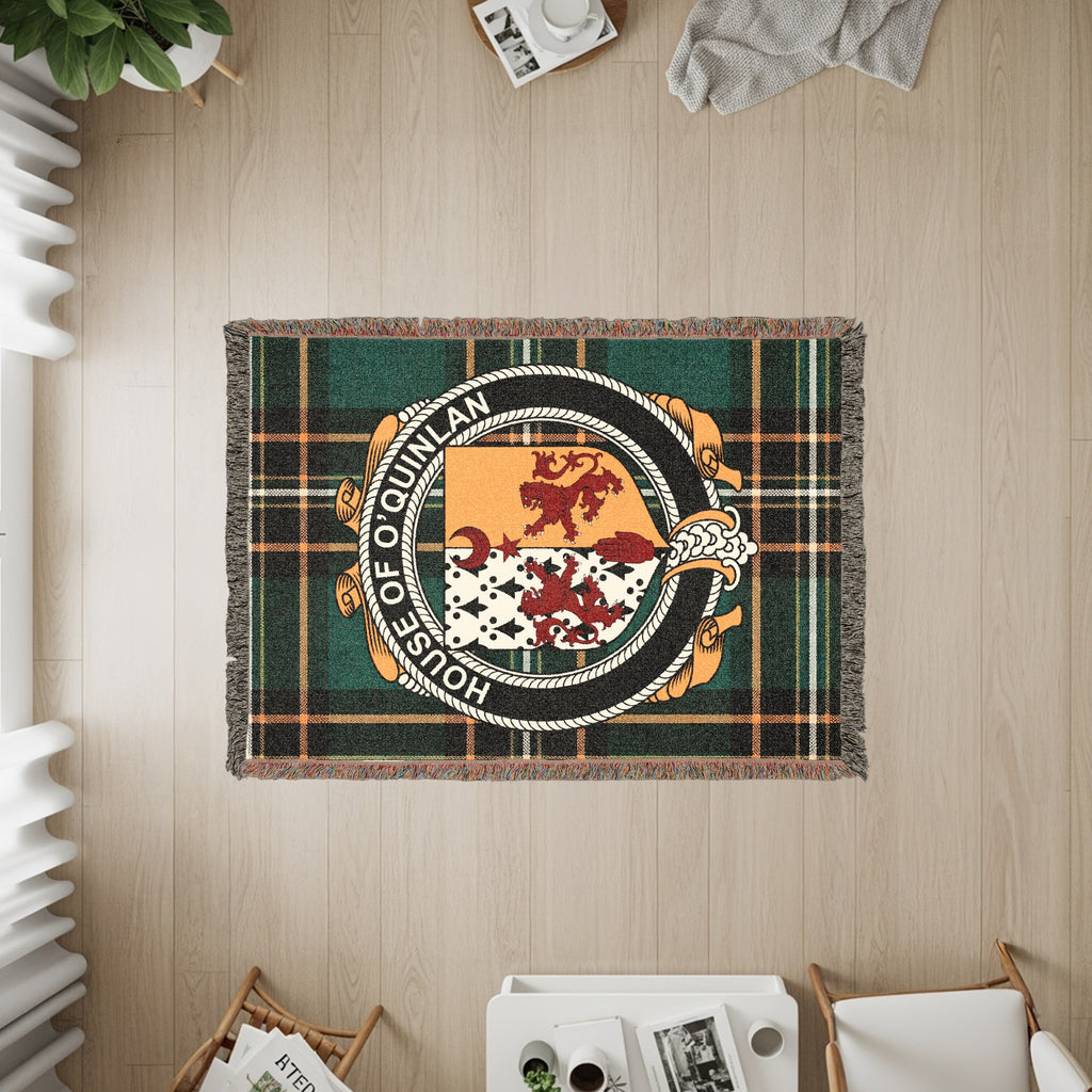 O'Quinlan Irish heritage woven throw with family crest emblem
