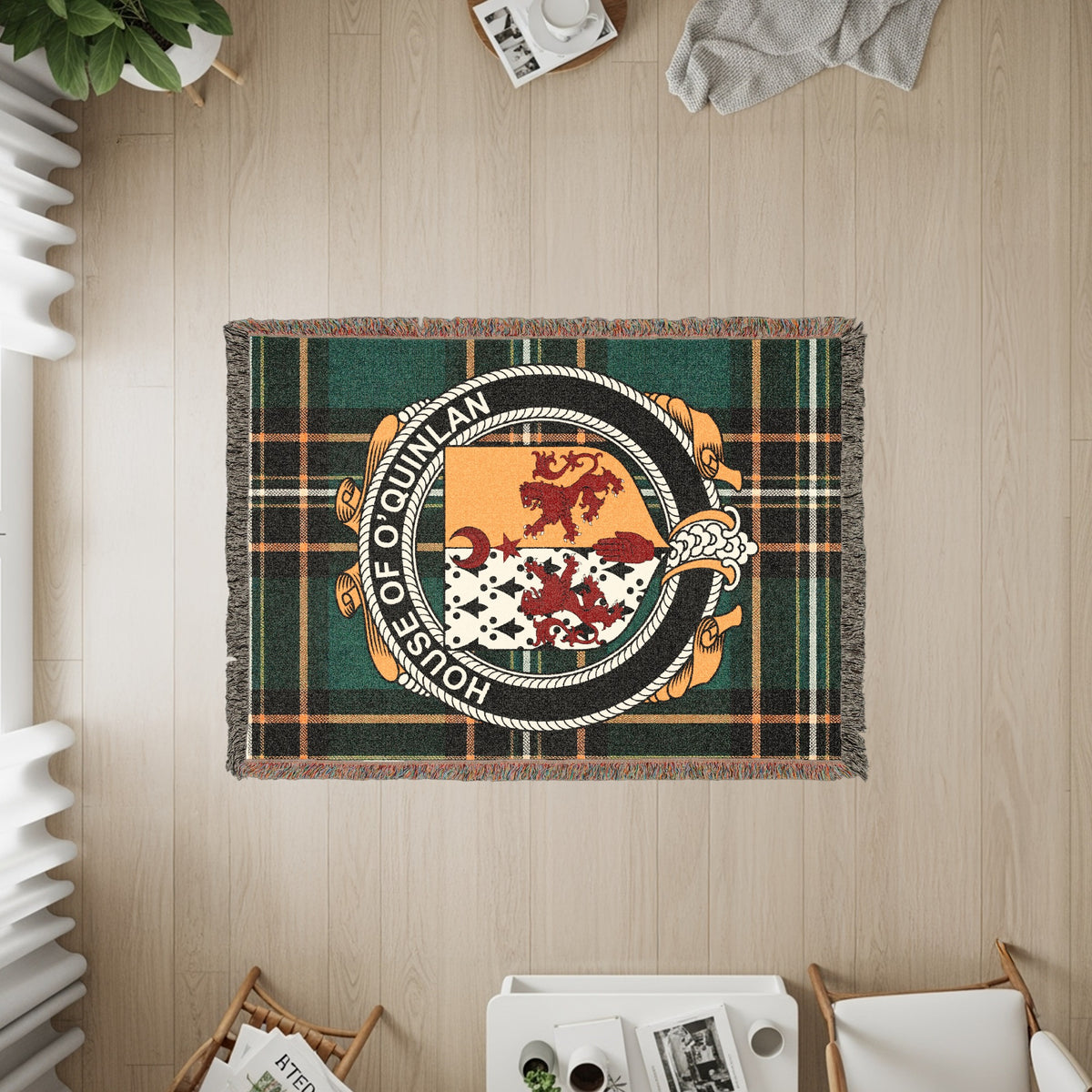 O'Quinlan Irish heritage woven throw with family crest emblem