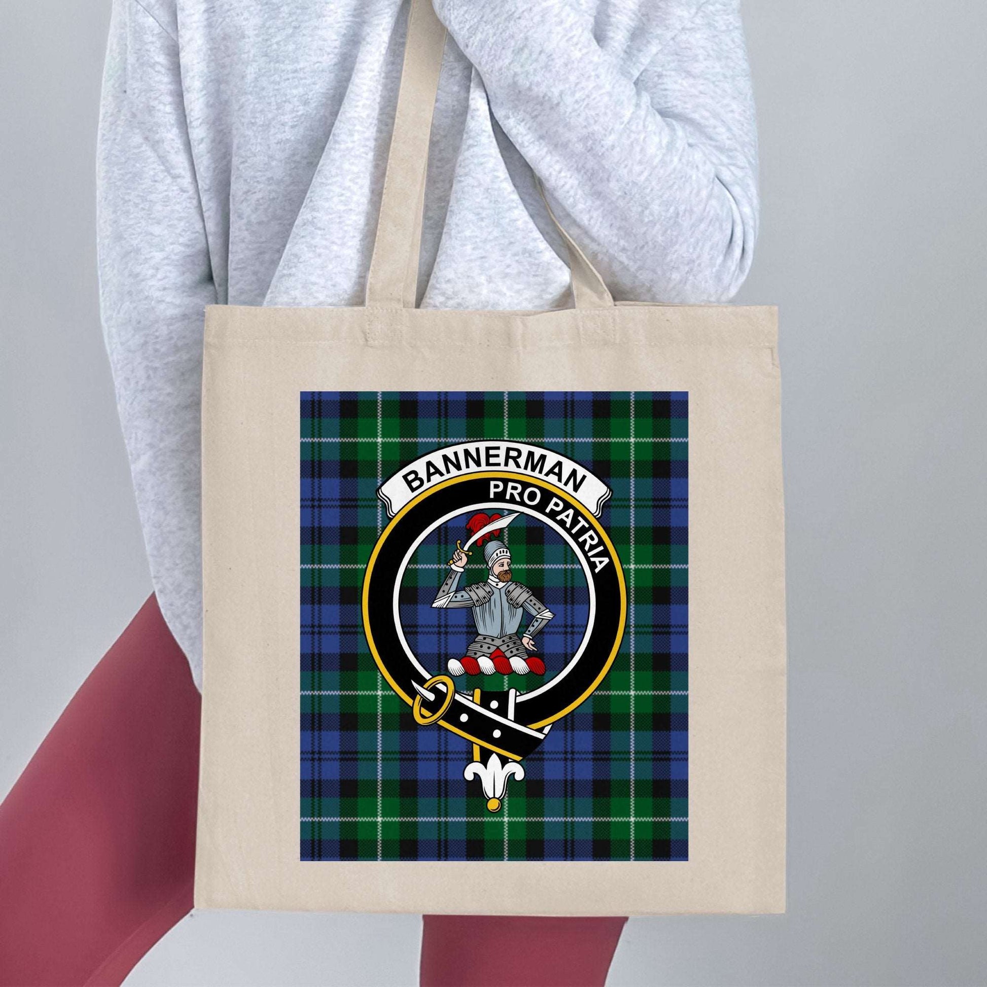 Bannerman Scottish Clan Crest on Tartan Background Tote Bag - Living Stone Gifts