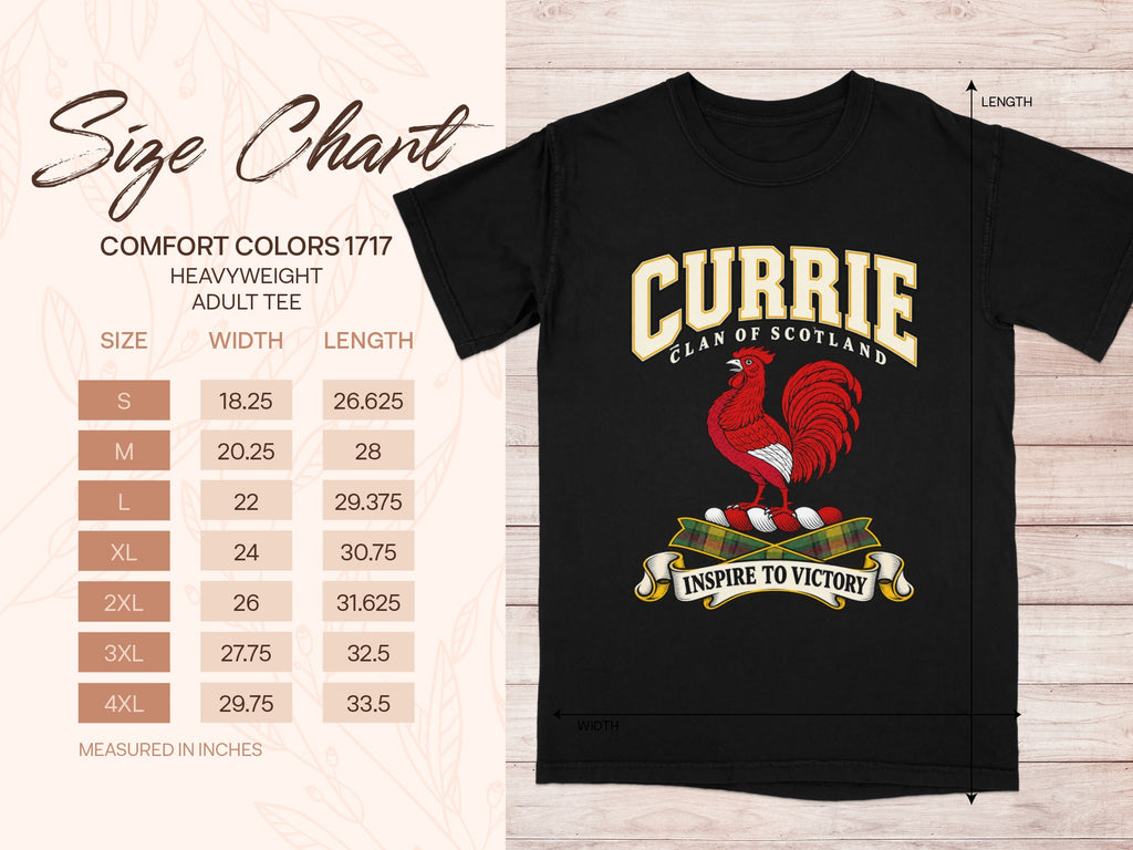 Comfort Colors 1717 size chart in inches with a black Currie clan crest T-shirt preview