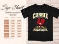 Comfort Colors 1717 size chart in inches with a black Currie clan crest T-shirt preview
