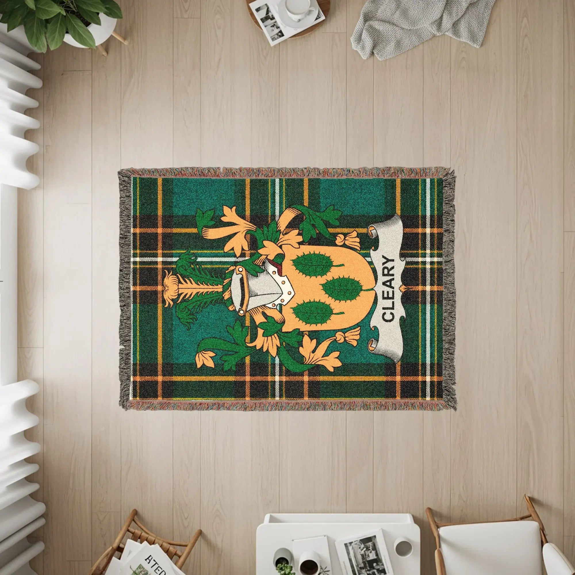 CLEARY Green Plaid Heraldry Crest Throw Blanket product type