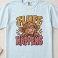 Fluff Happens Highland cow design on a Chambray Comfort Colors 1717 T-shirt, flat lay