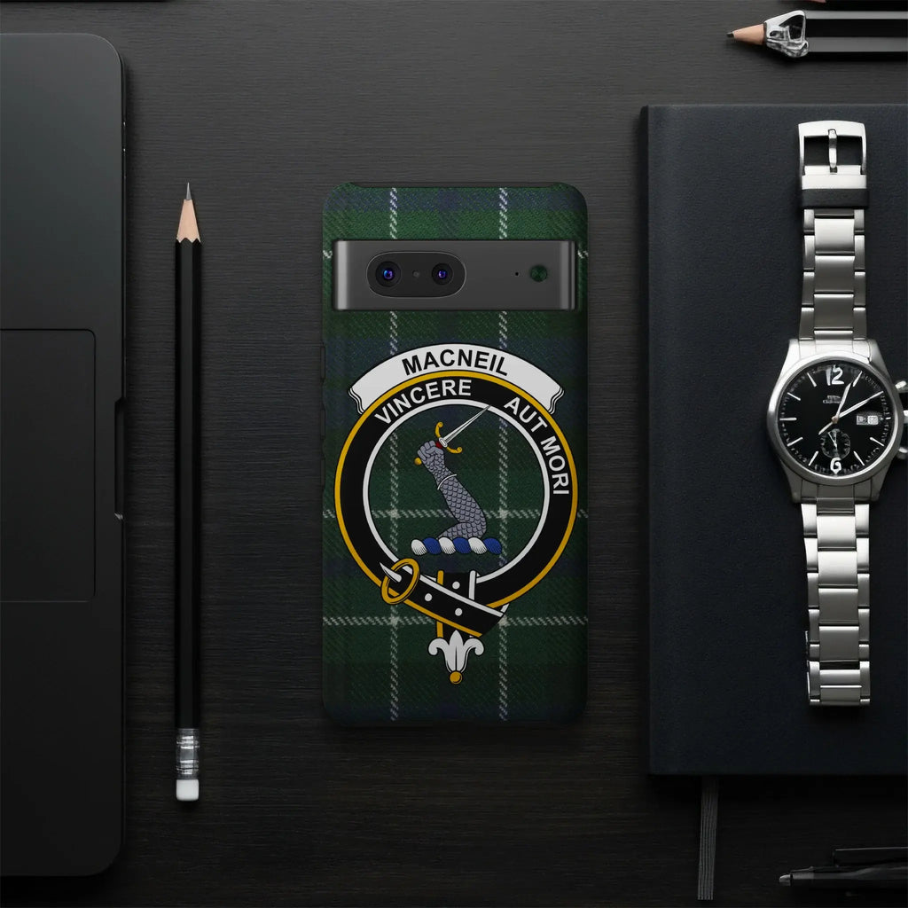 MacNeil clan crest phone case showing mailed arm and sword emblem — glossy impact-resistant finish