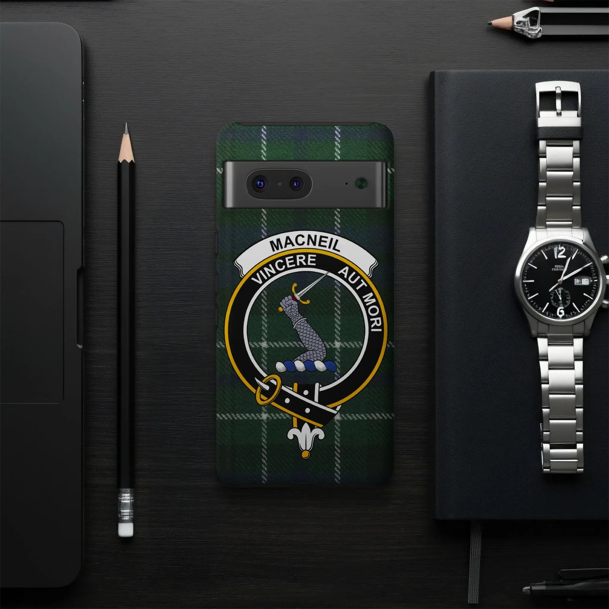 MacNeil clan crest phone case showing mailed arm and sword emblem — glossy impact-resistant finish