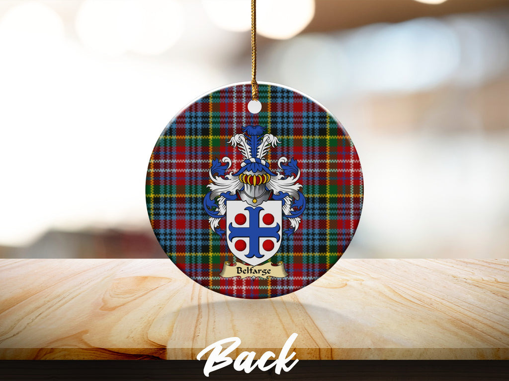 Round Belfarge Scottish clan ornament with family crest on a Caledonia tartan background