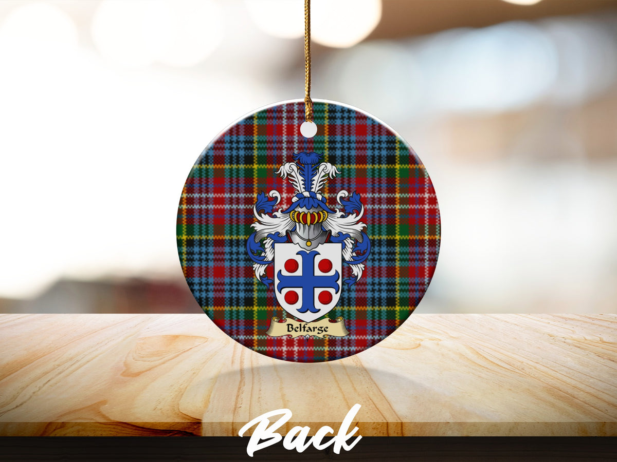 Round Belfarge Scottish clan ornament with family crest on a Caledonia tartan background
