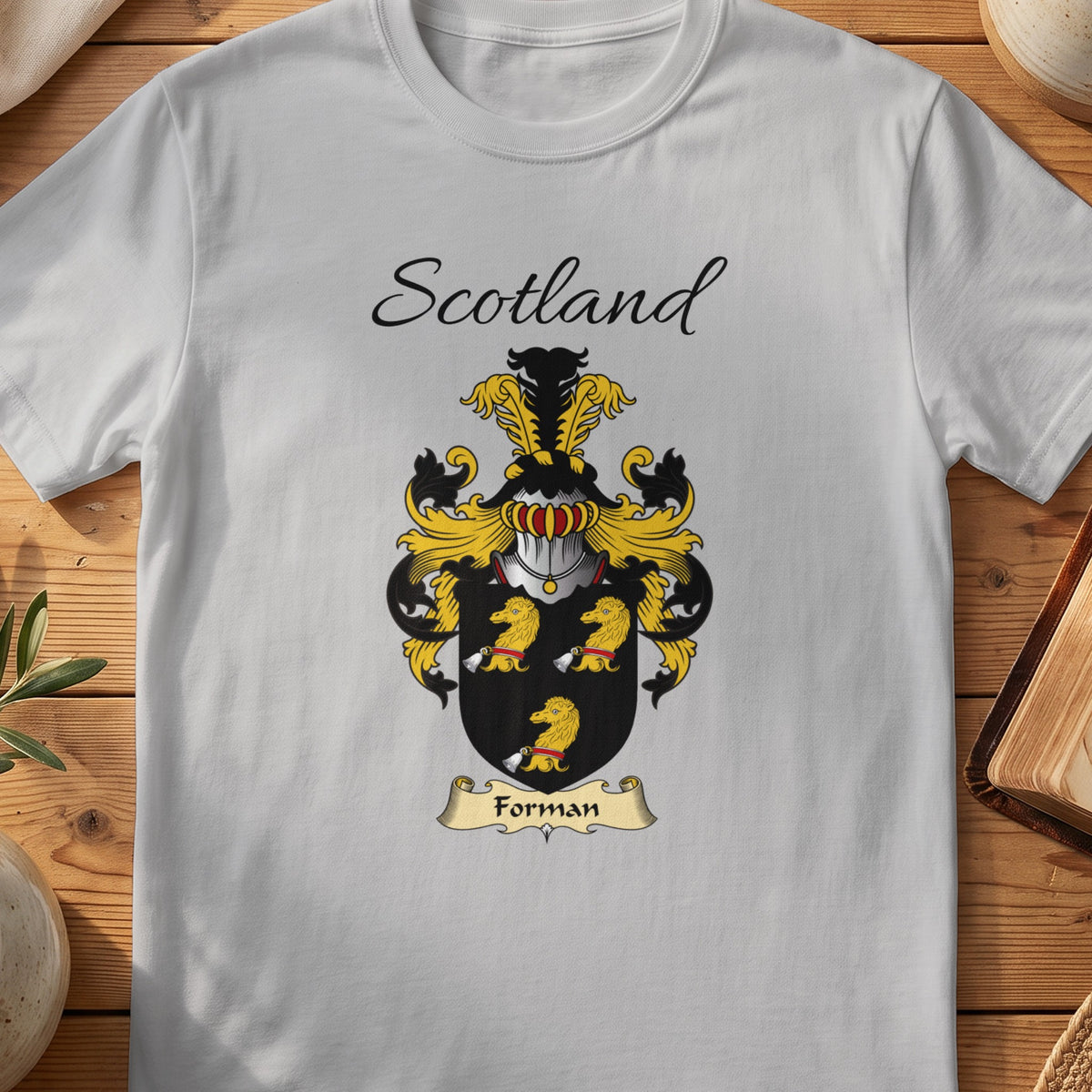 Sport Grey Forman Scottish family shield T-shirt featuring three gold animal heads on black