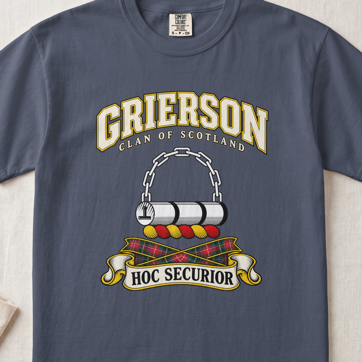 Grierson Scottish clan T-shirt in Midnight, front view with a chained silver log and motto design.
