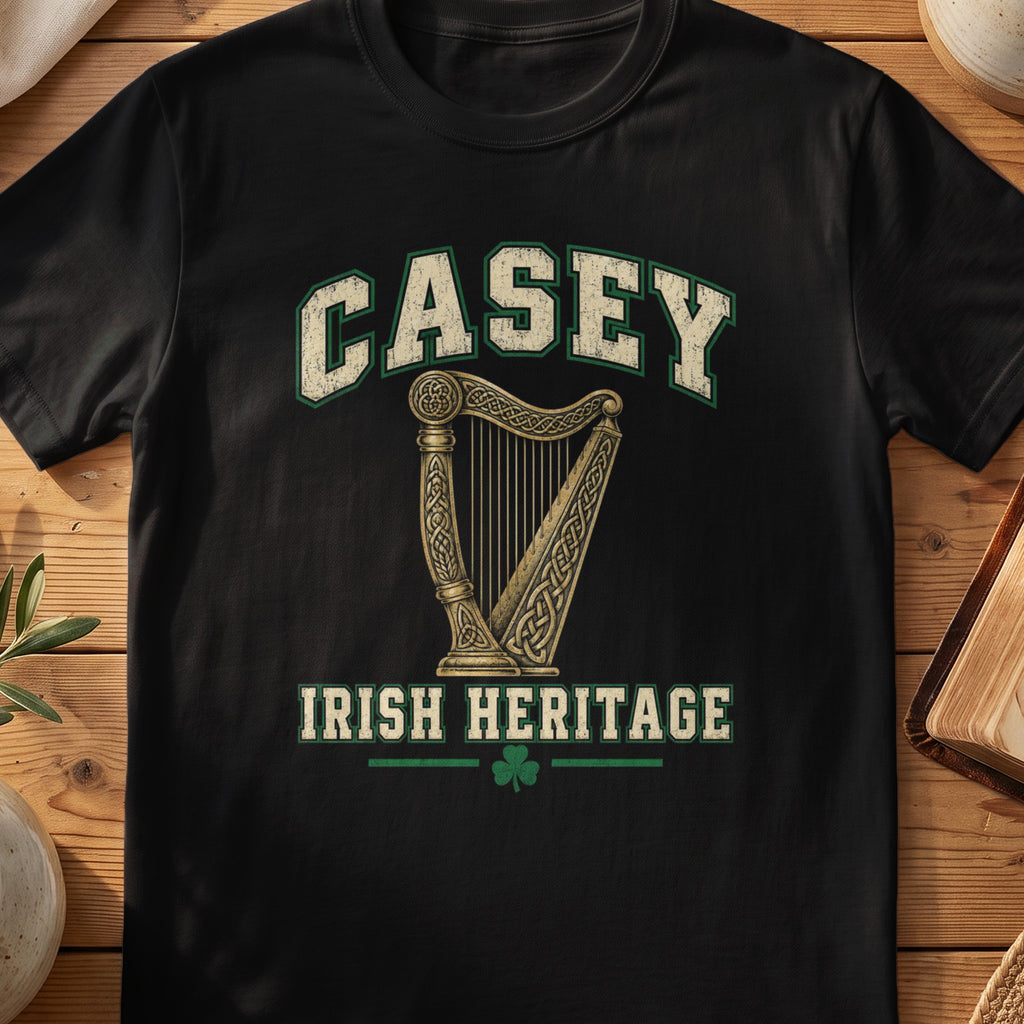 Casey Irish Heritage black Gildan 64000 T-shirt with Celtic harp design