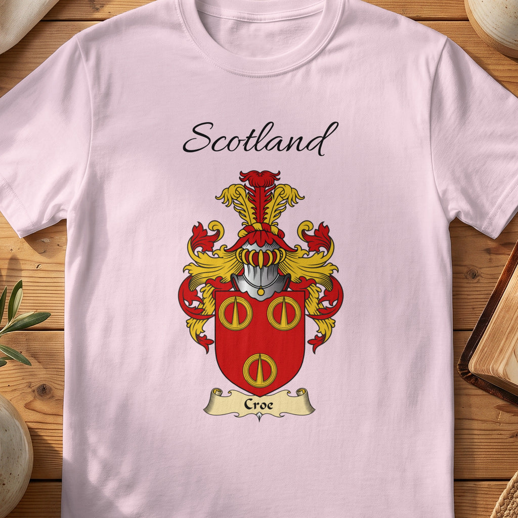 Light Pink Croe Scottish family shield T-shirt featuring three gold ring motifs on red