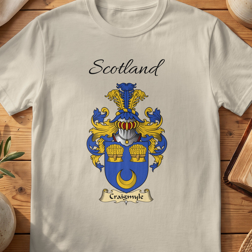 Sand Craigsmyle Scottish family shield T-shirt featuring a gold crescent beneath two gold sheaves on blue
