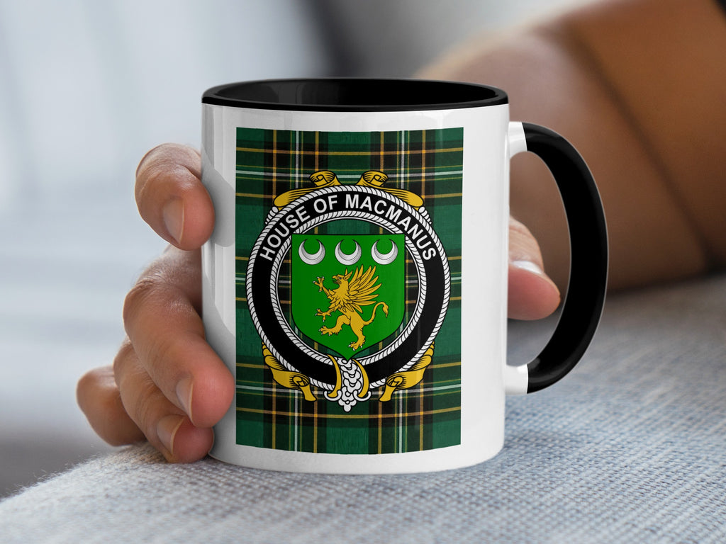 McManus Irish National Tartan mug with family crest emblem