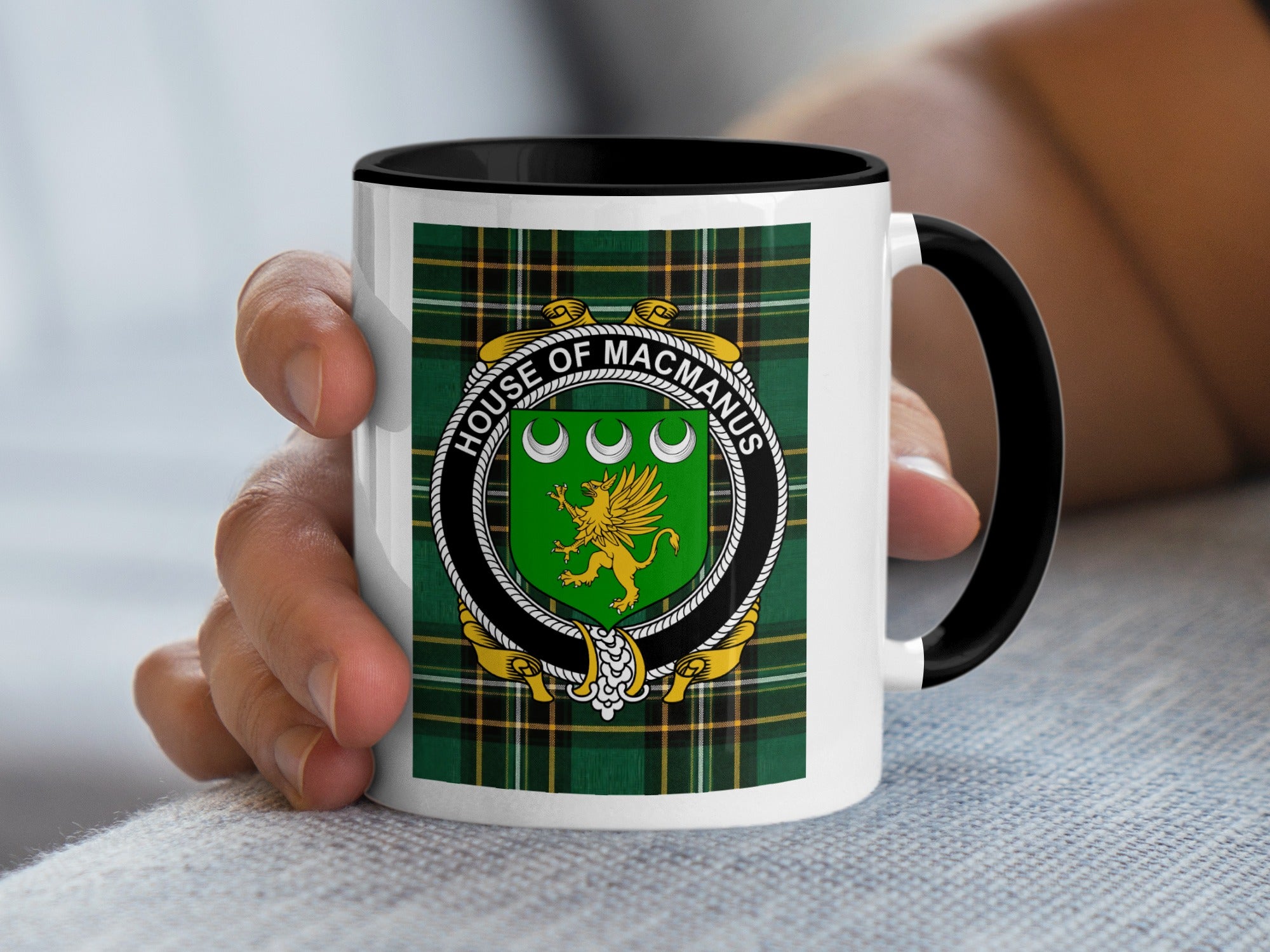 McManus Irish National Tartan mug with family crest emblem