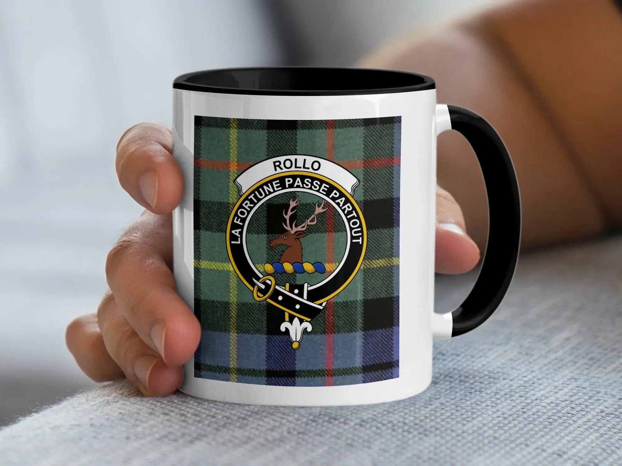 Clan Rollo tartan plaid accent mug — 11 oz ceramic, red handle, La Fortune Passe Partout