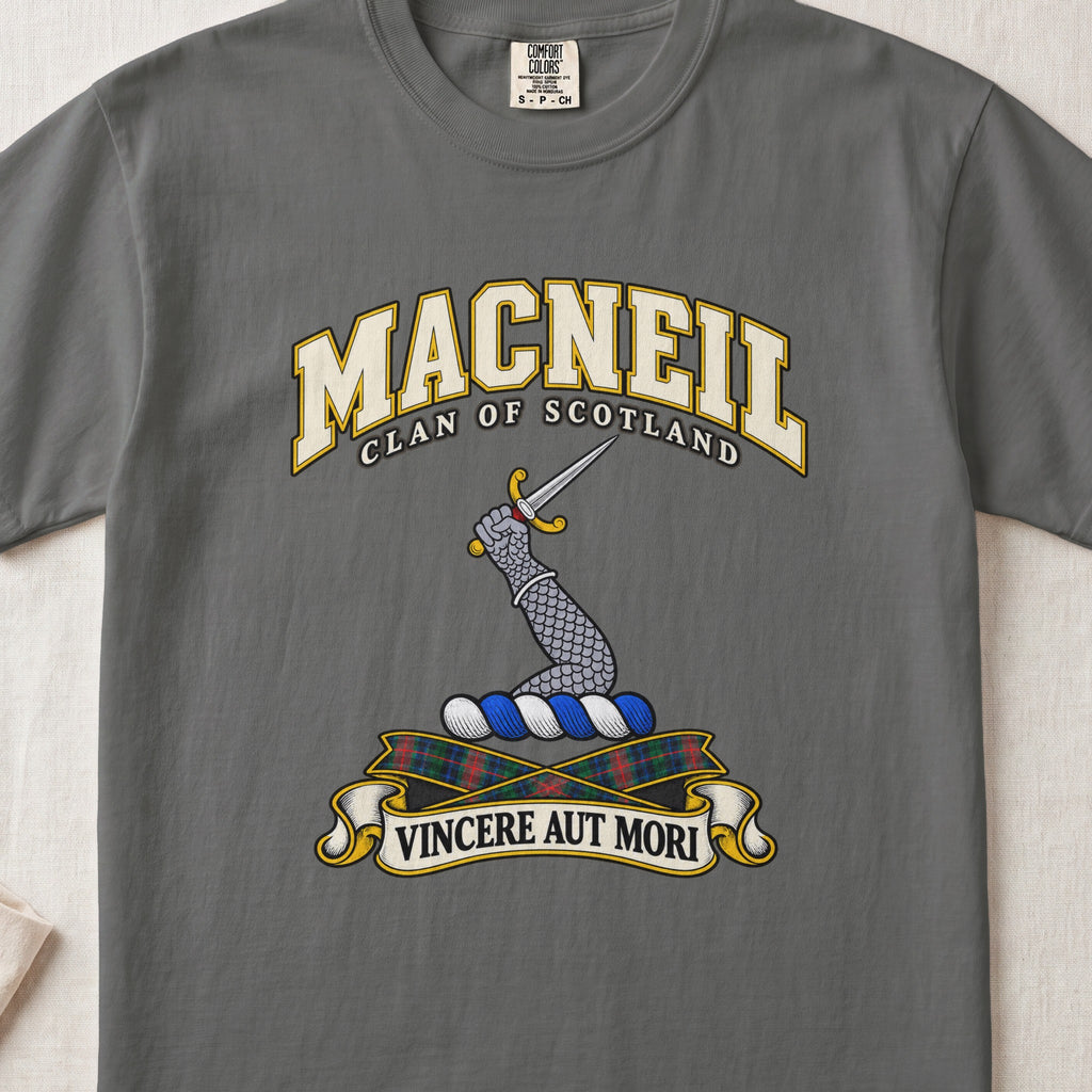 MacNeil Scottish clan T-shirt in Pepper, front view with an armoured arm holding a dagger and motto design.