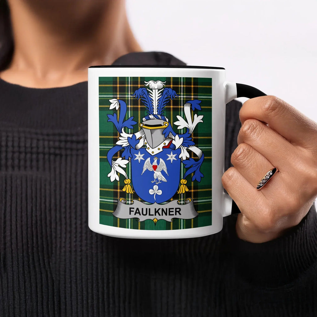 Mug with Faulkner family crest on plaid background.