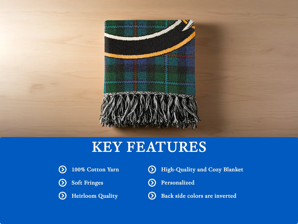 Clan Calder heirloom woven blanket with soft cotton fringe edge