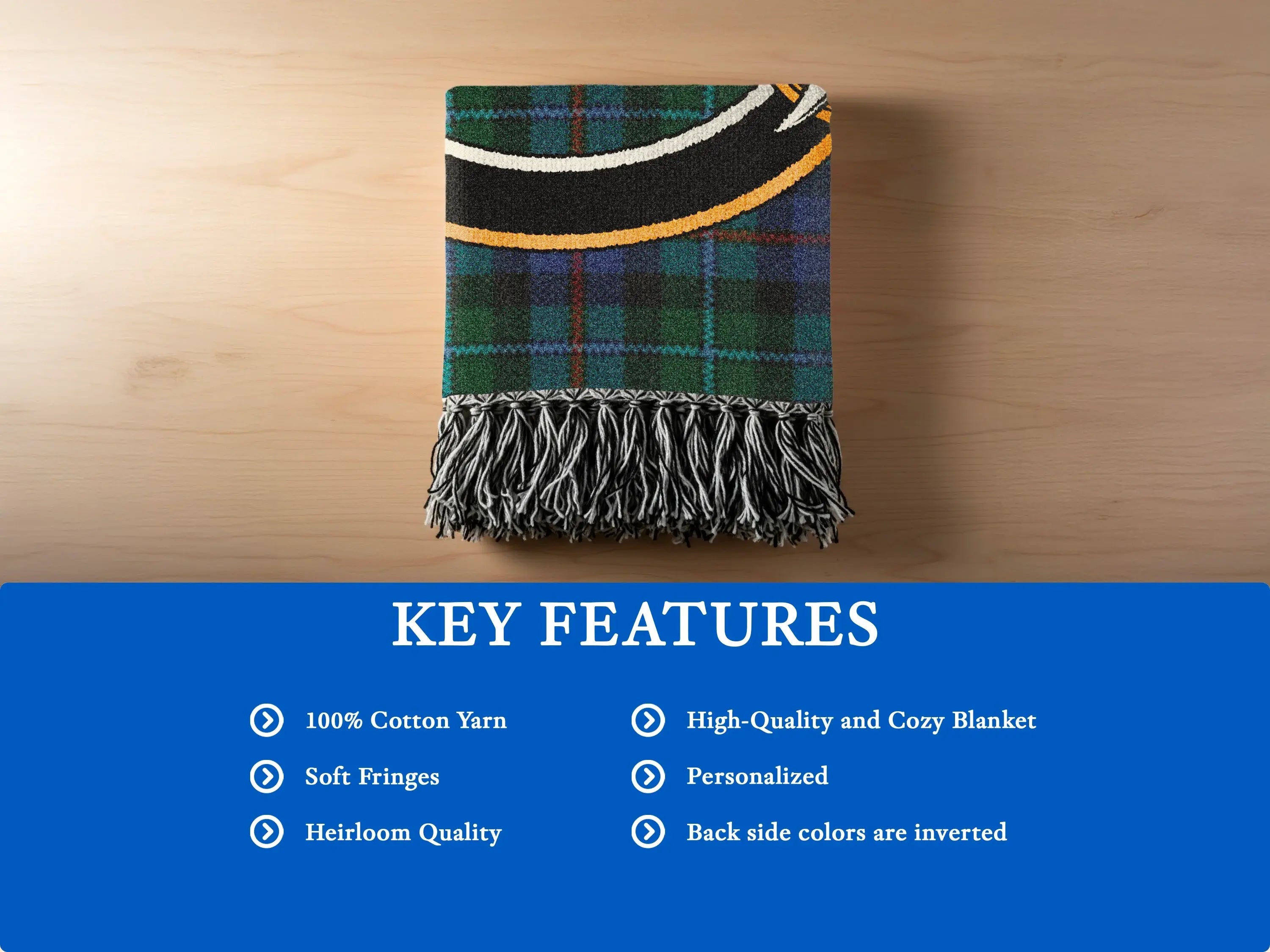 Clan Calder heirloom woven blanket with soft cotton fringe edge