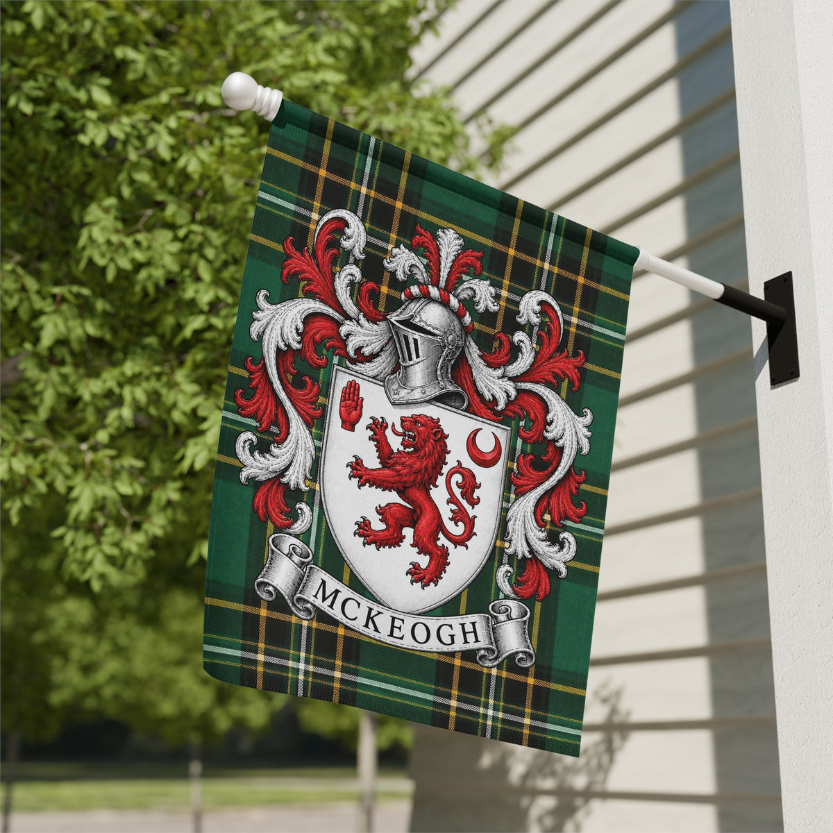 McKeogh Irish National Tartan family crest garden flag displayed outdoors