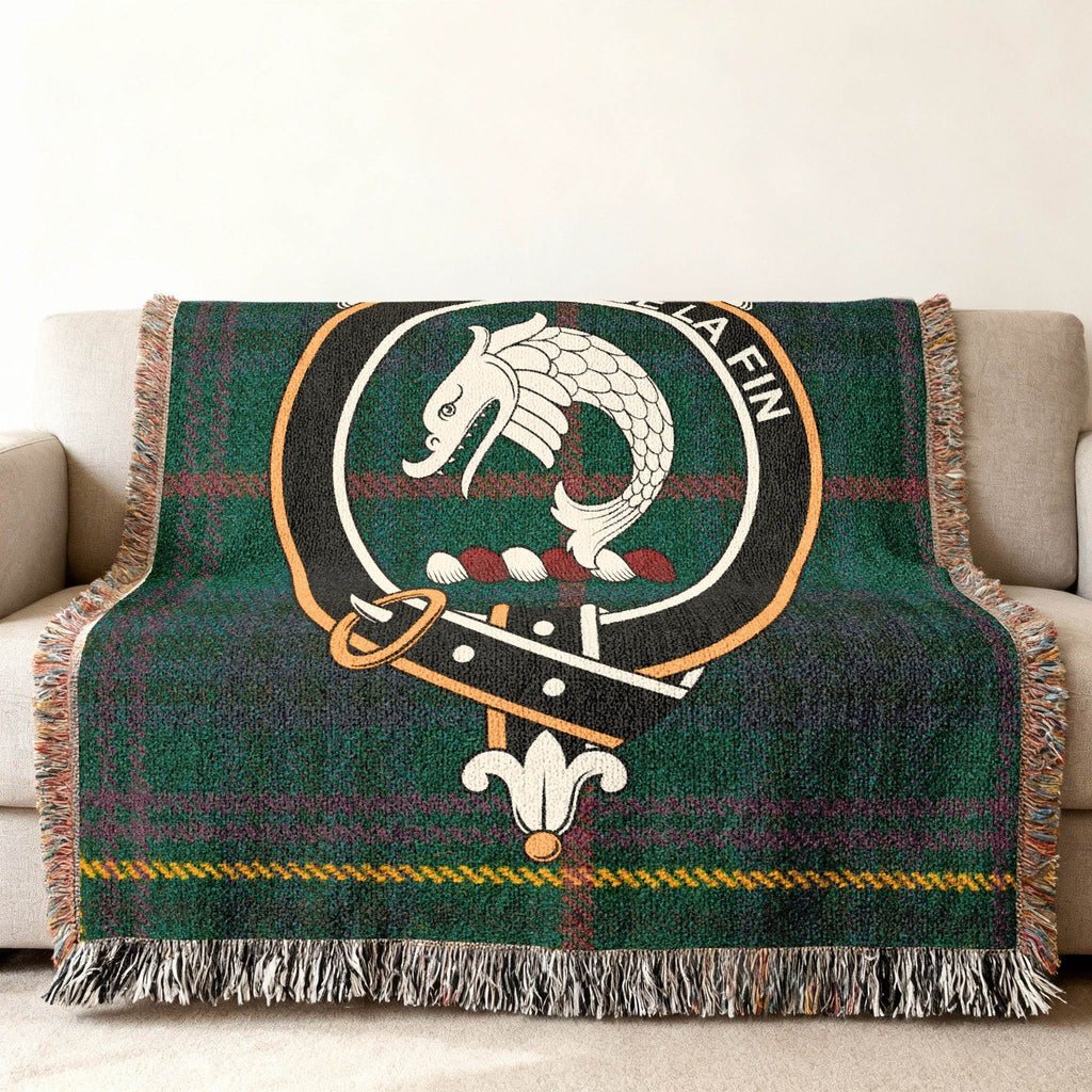 Kennedy clan crest tartan woven throw blanket — dragon heraldic design in cotton weave