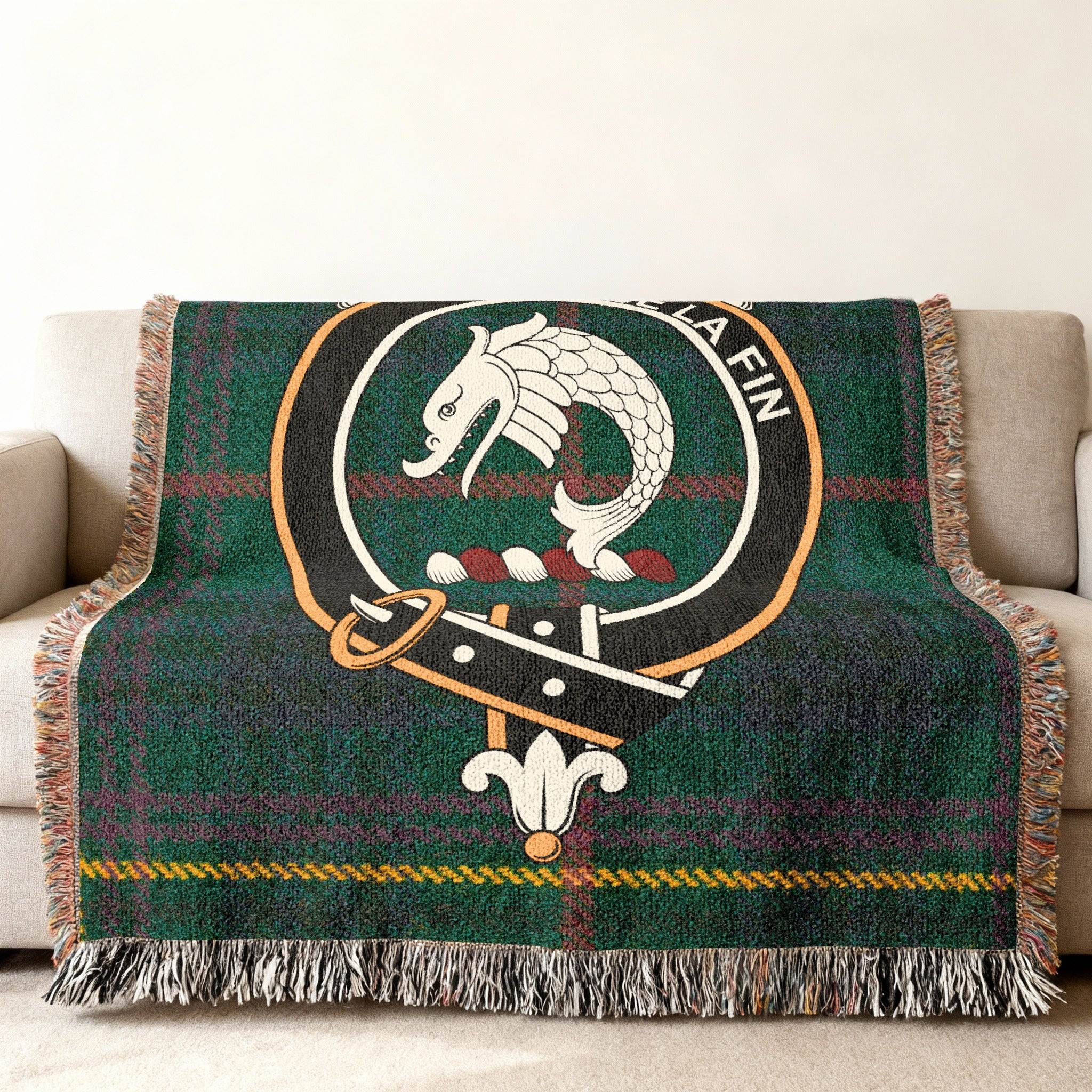 Kennedy clan crest tartan woven throw blanket — dragon heraldic design in cotton weave