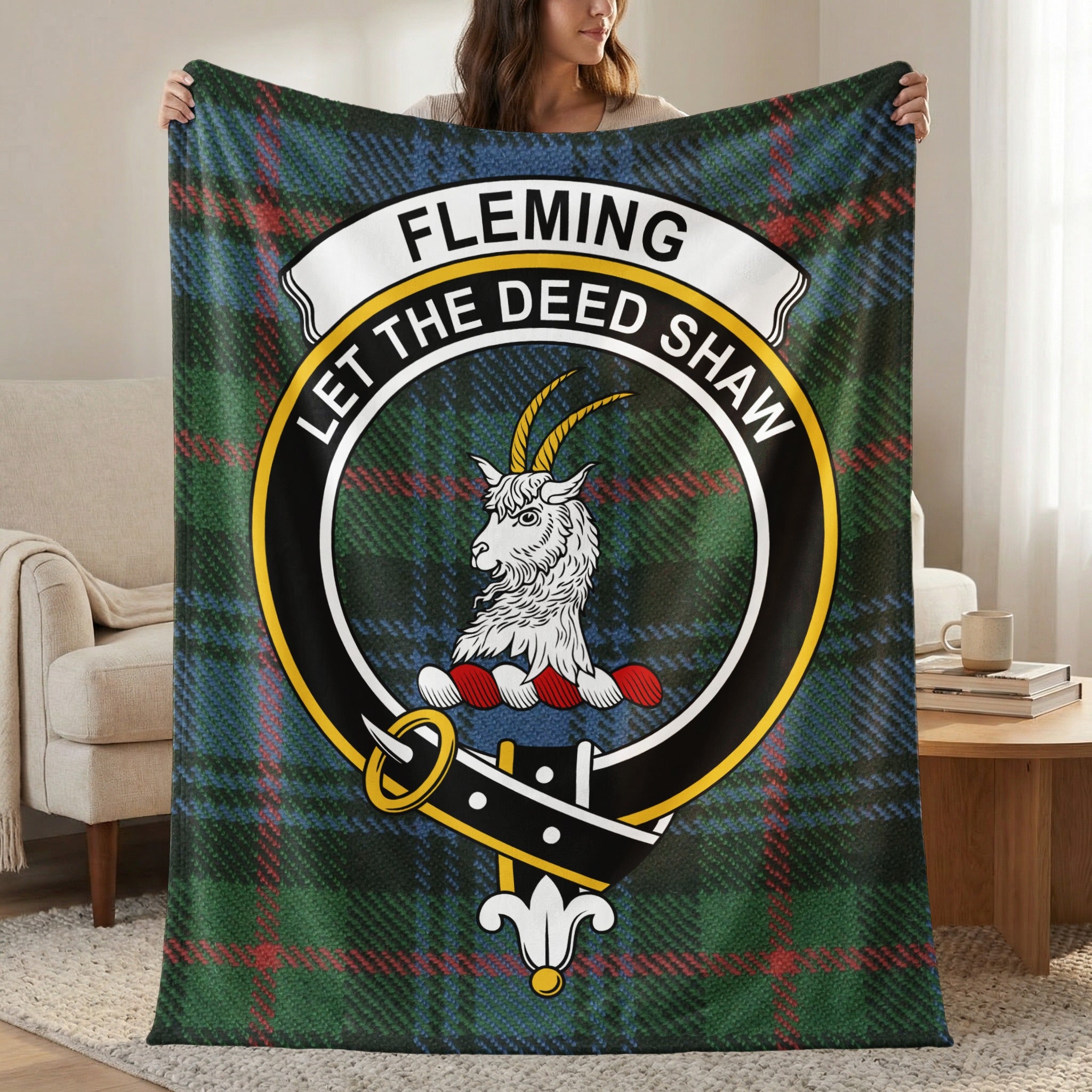 Fleming clan crest tartan throw blanket with Let the Deed Shaw motto — 50x60 polyester