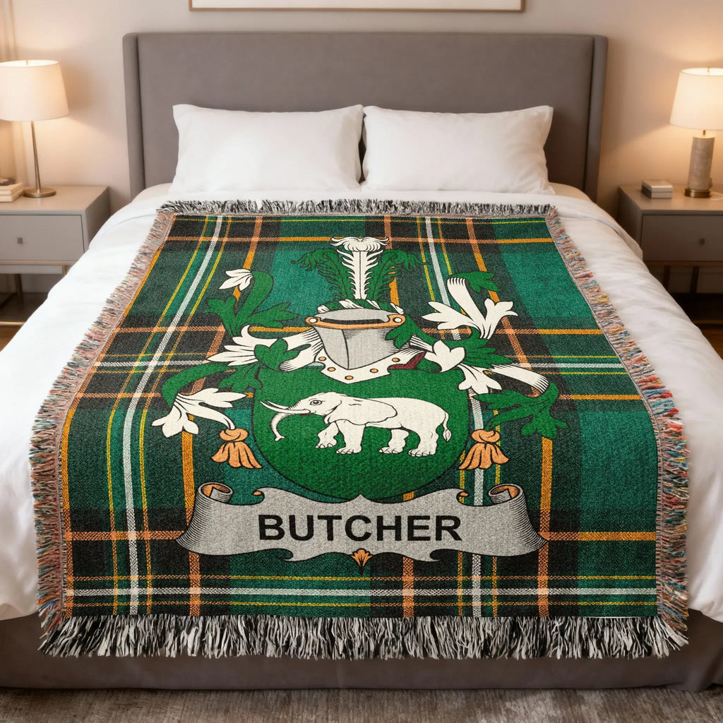 Butcher Family Crest Green Plaid Fringed Blanket product type