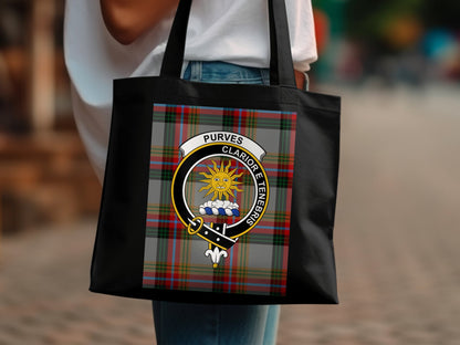 Scottish Clan Purves Crest on Tartan Background Tote Bag - Living Stone Gifts